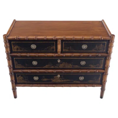 Pre-owned Drexel Asian Motive Scene Drawer Decorated Faux Bamboo 4 Drawers Dresser Bachelor Chest In Black