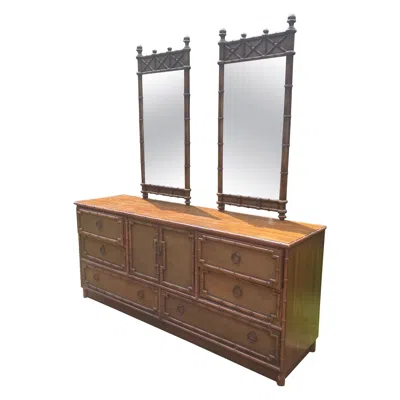 Pre-owned Drexel Bedroom Dresser Lowboy Faux Bamboo And Rattan Dresser By  With Mirrors In Brown