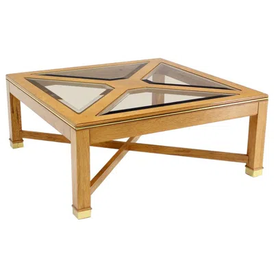Pre-owned Drexel Beveled Smoked Glass Bird's-eye Maple Brass Square Legs Coffee Table Mint! In Brown