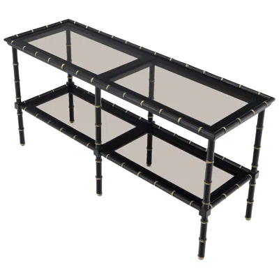 Pre-owned Drexel Black Lacquer Faux Bamboo Gold Accents Smoked Glass Console Sofa Table