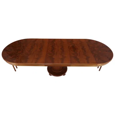 Pre-owned Drexel Burl Walnut Three Extension Boards Single Pedestal Round Dining Table In Brown