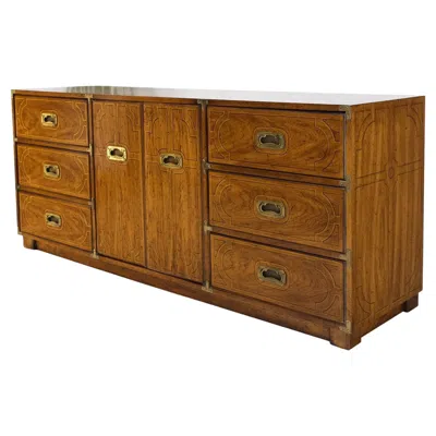 Pre-owned Drexel Campaign Style 9 Drawers Two Doors Compartment Paint Decorated Dresser Credenza In Brown