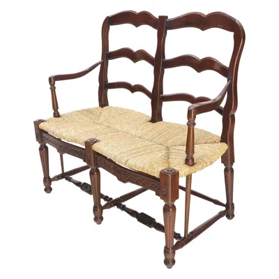 Pre-owned Drexel Carved Mahogany Ladder Back Country Rush Seat Loveseat Bench Mint! In Brown