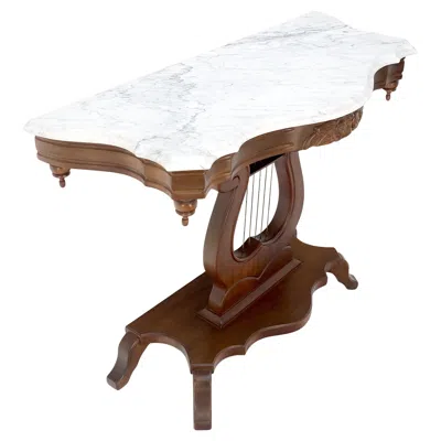 Pre-owned Drexel Carved Walnut Lyre Base Victorian Style Marble Top Console Table Mint! In Brown