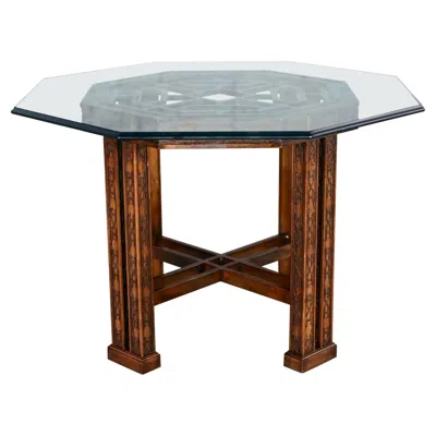 Pre-owned Drexel Chinese Chippendale  Heritage Octagon Center Or Dining Table W/glass Top In Brown
