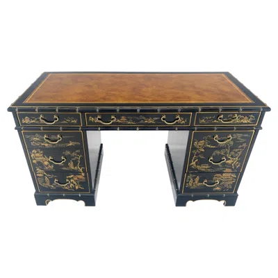 Pre-owned Drexel Chinoiserie Black Lacquer Tan Leather Top Faux Bamboo 56" Wide Desk  Mint!