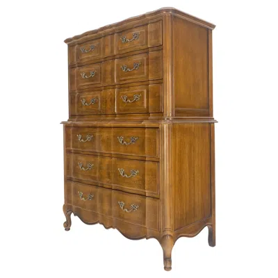 Pre-owned Drexel Dark Amber Tone 6 Drawers High Boy French Chest Of Drawers By Thomasville Mint! In Brown