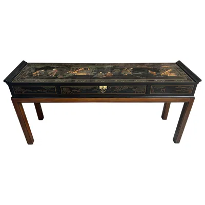 Pre-owned Drexel Fabulous Chinoiserie Hand Painted  Black Lacquer Console Table Mid-century
