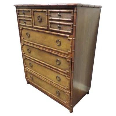 Pre-owned Drexel Faux Bamboo And Rattan Dresser By  Bedroom Furniture Highboy Vintage In Brown