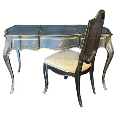 Pre-owned Drexel French Louis Xv Style Leather Top Writing Desk With Matching Desk Chair In Brown