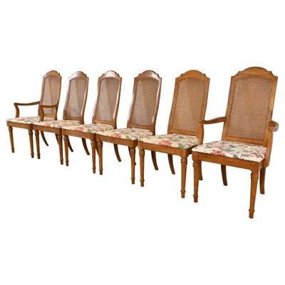 Pre-owned Drexel French Regency Louis Xvi Carved Walnut And Cane Back Dining Chairs, Six In Brown