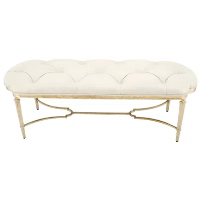 Pre-owned Drexel Gilt Wrought Iron Base Beige Tufted Leather Upholstery Window Hall Bench Mint In Brown