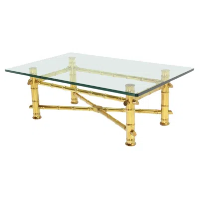 Pre-owned Drexel Gold Leaf Faux Bamboo Base Thick 3/4" Glass Top Rectangle Coffee Table Mint!