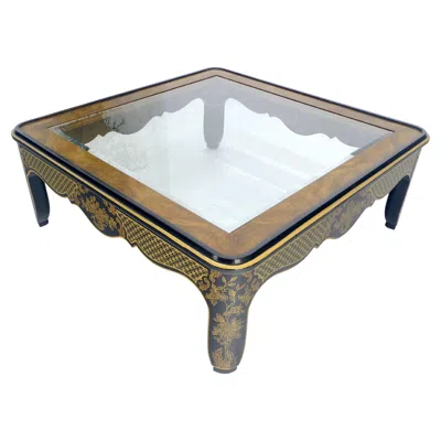 Pre-owned Drexel Gold Paint & Black Lacquer Base Burl Wood & Glass Top Coffee Table Mint