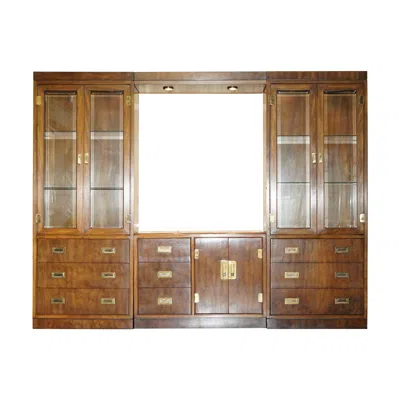Pre-owned Drexel Heritage 3 Piece Military Campaign Bookcase Display Tv Cabinet Inc Lights In Brown