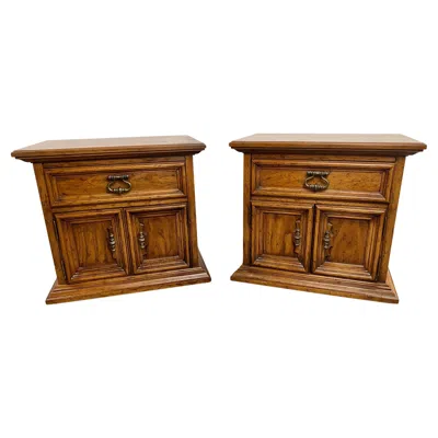 Pre-owned Drexel Heritage Campaign Style Pecan Wood Nightstand Or End Table, A Pair In Brown
