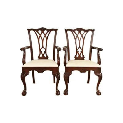 Pre-owned Drexel Heritage Chippendale Carved Mahogany Armchairs, Pair In Brown