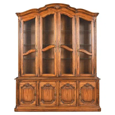 Pre-owned Drexel Heritage French Provincial Carved Oak Lighted Breakfront Bookcase Cabinet In Brown