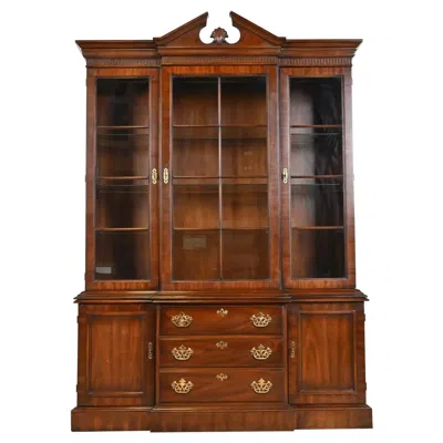 Pre-owned Drexel Heritage Georgian Carved Mahogany Lighted Breakfront Bookcase Cabinet In Brown