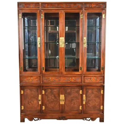 Pre-owned Drexel Heritage Hollywood Regency Chinoiserie Burled Mahogany Lighted Bookcase In Brown