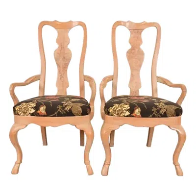 Pre-owned Drexel Heritage Queen Anne Carved Oak And Burl Wood Armchairs, Pair In Brown