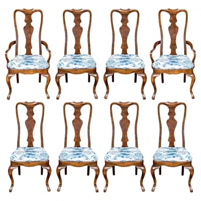 Pre-owned Drexel Heritage Set 8 Queen Anne Style Custom Upholstered Mahogany Dining Chairs In Brown