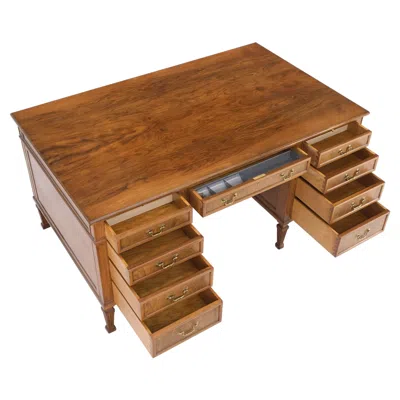 Pre-owned Drexel Large Deep Walnut 9 Drawers Partners Style Antique Desk Brass Pulls Table Mint In Brown
