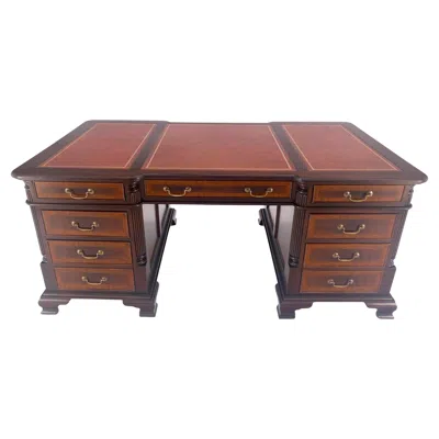 Pre-owned Drexel Large Double Pedestal Embossed Leather Top Mahogany Partners Desk Mint In Brown