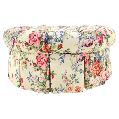 Pre-owned Drexel Large Tufted Floral Upholstery 35” Diameter Ottoman Foot Stool Bench Mint In Sand