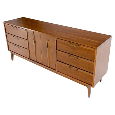 Pre-owned Drexel Long Walnut 9 Drawers Two Doors Mid-century Modern Dresser Credenza Burl Accents In Brown