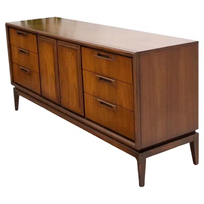 Pre-owned Drexel Long Walnut Mid-century Modern 9 Drawers Credenza Dresser Double Door Cabinet In Brown