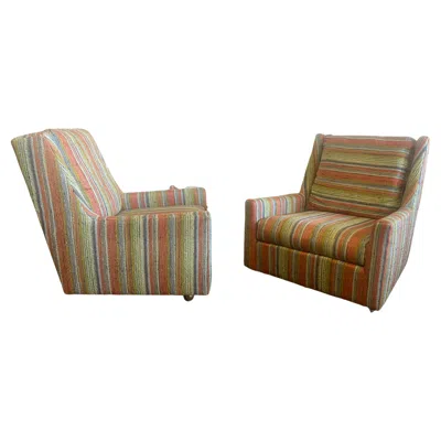 Pre-owned Drexel Matched Pair Lounge Chairs/ Ottomans Maharam, Alexander Girard Stripe Fabric In Brown