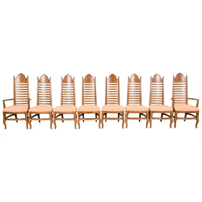 Pre-owned Drexel Mid-century Italian Provincial Carved Walnut High Back Dining Chairs In Brown