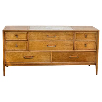 Pre-owned Drexel Mid-century Modern Lowboy Dresser With Travertine Top In Brown