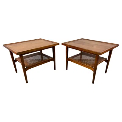Pre-owned Drexel Mid-century Walnut And Cane  Declaration End Tables By Kipp Stewart In Brown