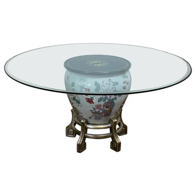 Pre-owned Drexel Ming Treasures Fishbowl Pedestal Base Dining Table  Heritage Round Glass In Brown
