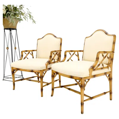 Pre-owned Drexel Pair Faux Bamboo New Virgin Wool Upholstery Lounge Arm Fire Side Chairs Mint! In Sand