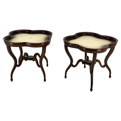 Pre-owned Drexel Pair Mahogany Clover Shape Light Cream Leather Top Lamp End Tables Stands Mint! In White
