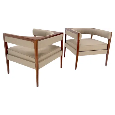Pre-owned Drexel Pair New Alcantera Upholstery Walnut Cube Shape Barrel Back Lounge Chairs Mint! In Brown
