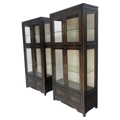 Pre-owned Drexel Pair Of Asian Compact Display Cabinets Showcases China Cabinets Drawers Mint! In Brown