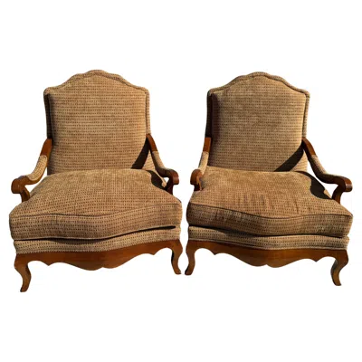 Pre-owned Drexel Pair Of  Heritage Oversized Fully Upholstered Bergeres W/ Ottoman In Brown