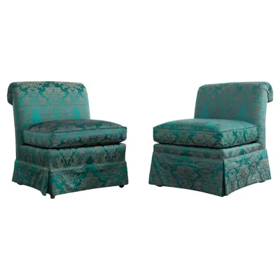 Pre-owned Drexel Pair Of  Heritage Slipper Chairs Fortuny Style Fabric In Brown