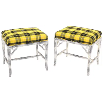 Pre-owned Drexel Pair Of Faux Bamboo White Wash Finish Yellow Black Plaid Upholstery Benches