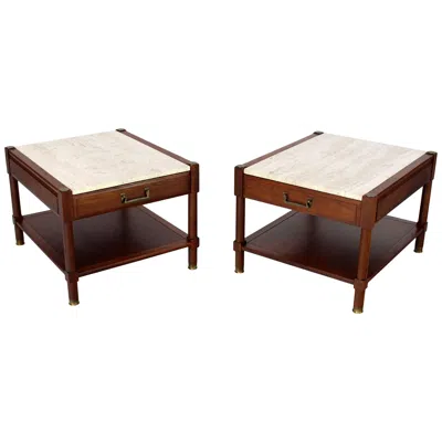 Pre-owned Drexel Pair Of Travertine Tops One Drawer Oiled Walnut End Side Tables In Brown