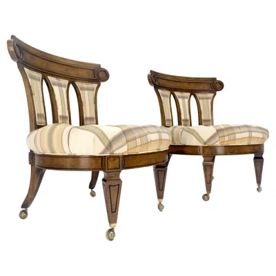 Pre-owned Drexel Pair Of Tufted Seats Burl Wood Back Oval Seats Slipper Chairs On Caters Mint In Brown