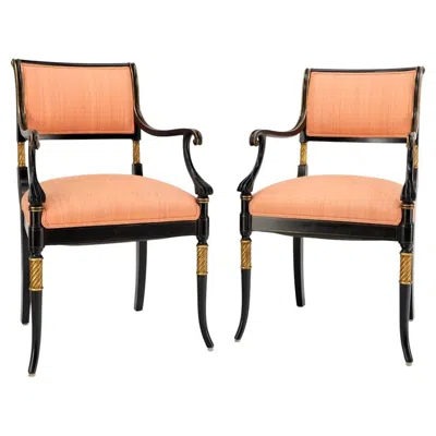 Pre-owned Drexel Pair Regency Ebonized Gilt Craved Fireside Dining Arm Chairs Horn Shape Leg In Brown