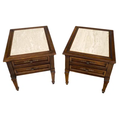 Pre-owned Drexel Pair Vintage Travertine Tops Cherry Or Walnut Two Drawers End Tables Nightstands In Brown