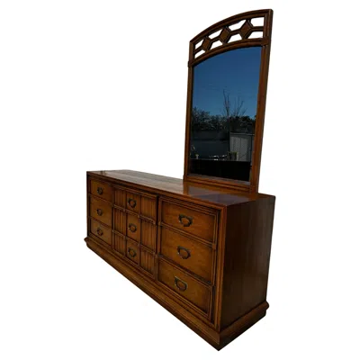 Pre-owned Drexel Plaudit Collection Walnut 9 Drawer Dresser With Mirror In Brown