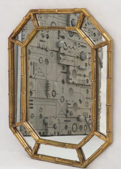 Pre-owned Drexel Rectangle Hexagon Shape Gold Finish Gilt Faux Bamboo Wall Mirror In Brown