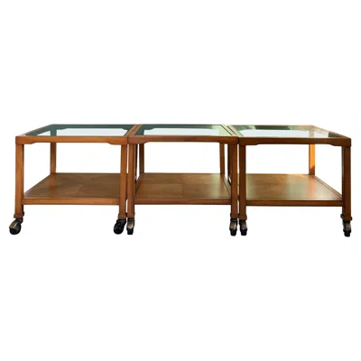Pre-owned Drexel Set Of 3  "et Cetera" Side Tables With Tinted Glass Top & Casters In Brown